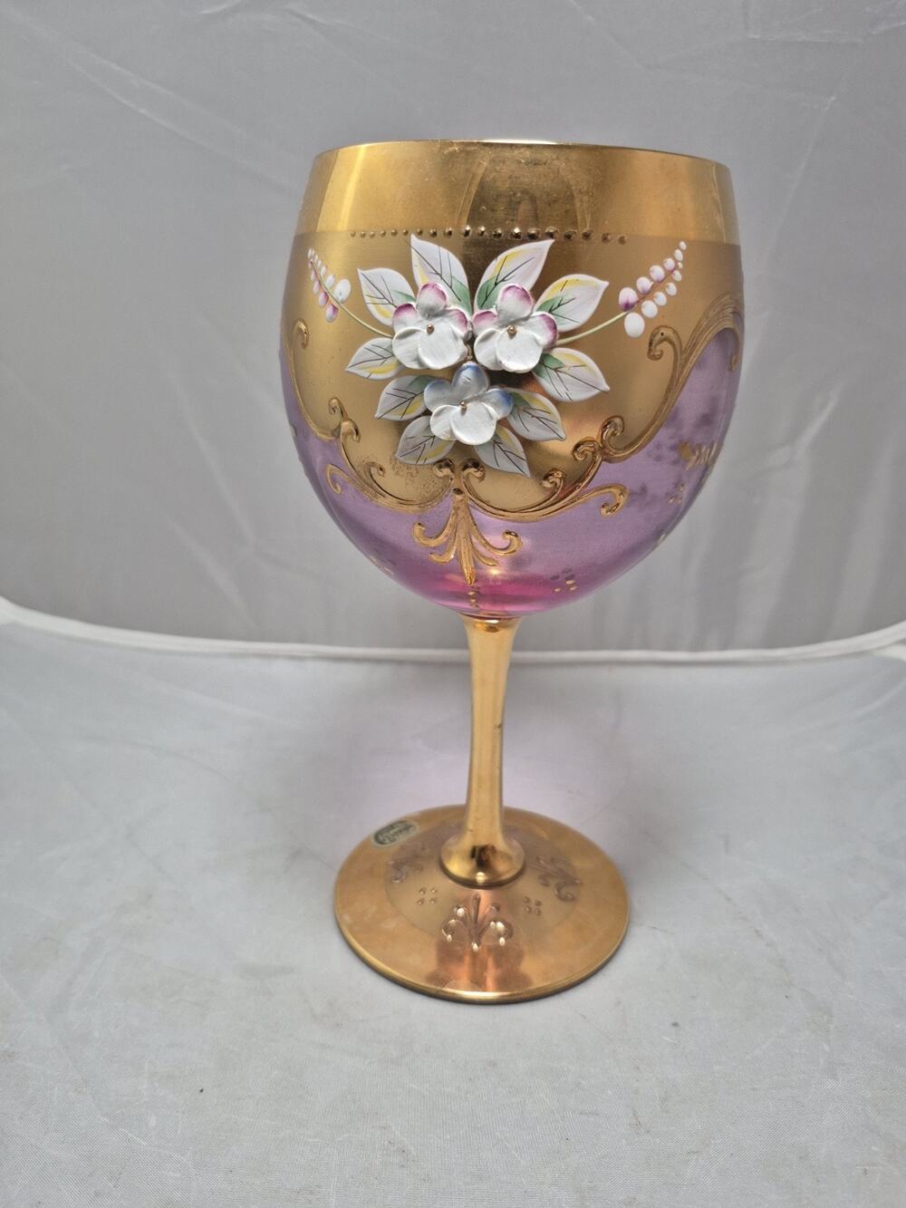 💥 Vintage Bohemia Czech Rose Flower Gold Gilded Floral Glass Wine Goblet